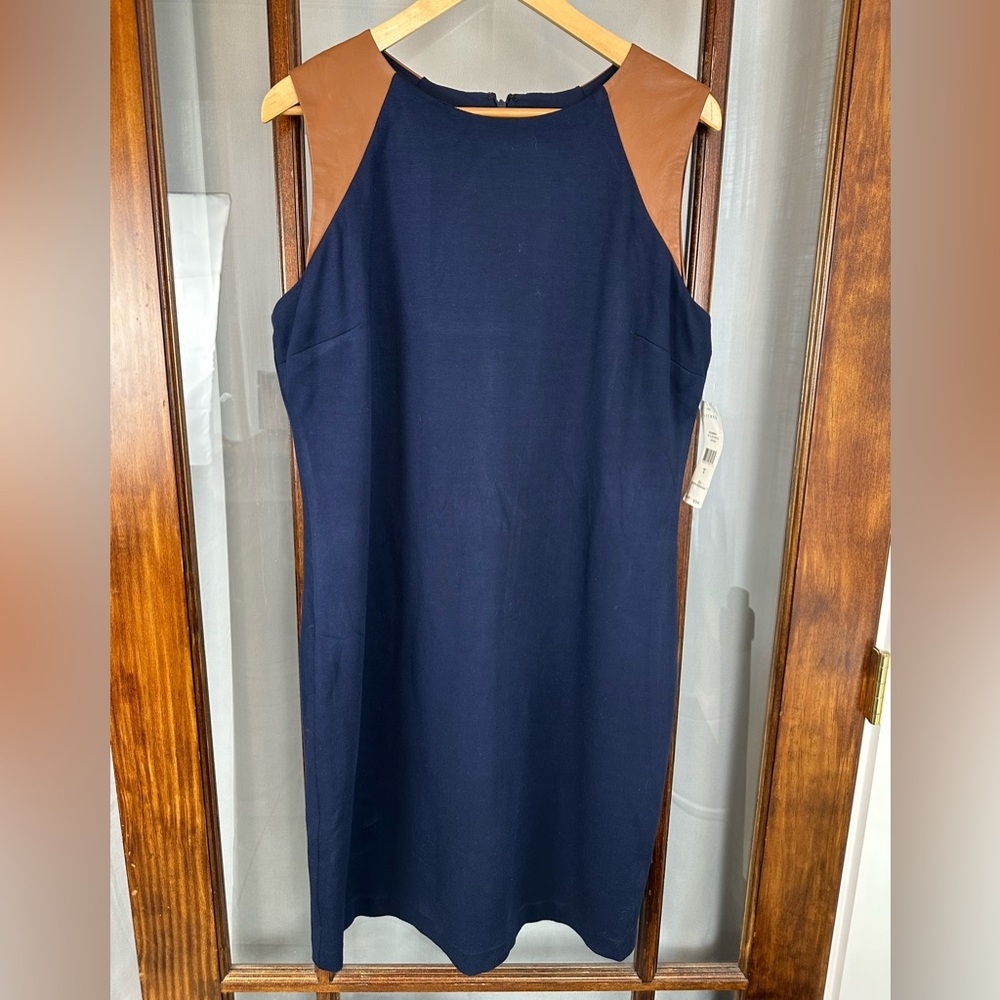 NWT Ralph Lauren Navy Ponte Real Leather Trim Sheath Dress Sz 16 sleeveless